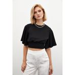 Sateen Kolyeli Kısa Kol Bluz - Siyah
