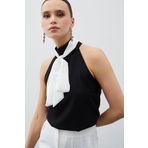Sateen Kontrast Fularlı Kolsuz Bluz - Siyah