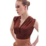 Sateen Kruvaze Desenli Saten Bluz, 42, STN139KBL1412, Kahverengi, Kadın
