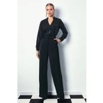 Sateen Kruvaze Parlak Çizgili Bluz - Siyah