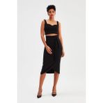 Sateen Kuşaklı Kalem Etek - Siyah - 36