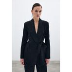 Sateen Kuşaklı Uzun Ceket, 36, STN139KCE1517, Siyah, Kadın