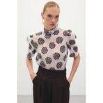 Sateen Organze Kısa Kol Bluz - Kahve