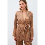 Sateen Parlak Desenli Kuşaklı Uzun Ceket, 36, STN139KCE1398, Kahve, Kadın