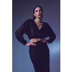 Sateen Payetli Kruvaze Bluz - Siyah