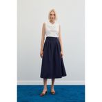 Sateen Pileli Midi Etek - Lacivert