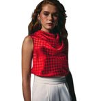 Sateen Puantiye Desenli Kolsuz Bluz, 36, STN139KBL1953, Kırmızı, Kadın
