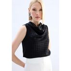 Sateen Puantiye Desenli Kolsuz Bluz, 40, STN139KBL1953, Siyah, Kadın