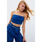 Sateen Taş Askılı Saten Crop Bluz - MAVİ