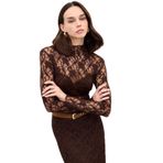 Sateen Transparan Dantel Bluz, 36, STN139KBL2107, Kahve, Kadın