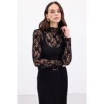 Sateen Transparan Dantel Bluz, 38, STN139KBL2107, Siyah, Kadın