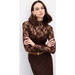 Sateen Transparan Dantel Bluz - Kahve
