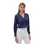 Sateen V Yaka Saten Bluz, 38, STN139KBL871, Lacivert, Kadın
