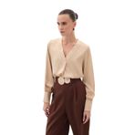 Sateen V Yaka Saten Bluz, 40, STN139KBL871, Camel, Kadın