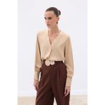 Sateen V Yaka Saten Bluz - Camel