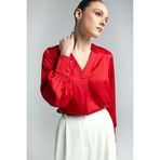 Sateen V Yaka Saten Bluz - Kırmızı
