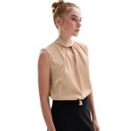 Sateen Yaka Detaylı Saten Bluz, 36, STN139KBL1138, Camel, Kadın