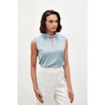 Sateen Yaka Detaylı Saten Bluz - BEBE MAVİ
