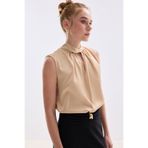 Sateen Yaka Detaylı Saten Bluz - Camel