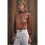 Sateen Yaka Detaylı Saten Bluz - Kahve