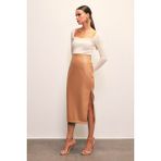 Sateen Yan Yırtmaçlı Deri Etek - Camel - 40