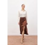 Sateen Yırtmaçlı Saten Etek - Kahve - 38