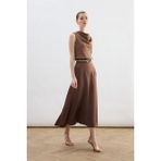 Sateen Yüksek Bel Saten Etek - Kahve - 38