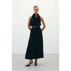 Sateen Yüksek Bel Yırtmaçlı Uzun Etek Siyah Standart Kumaş 99 cm Boy Kadın Modası - 36