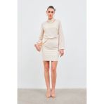 Sateen Zincir Aksesuarlı Mini Etek - Bej - 36