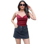 Saten Görünümlü Dalgıç Kumaş Zincir Askılı Bluz, Siyah Bordo Renkli, Cowl Yaka Detaylı Kadın Üst (Kırmızı, Large)