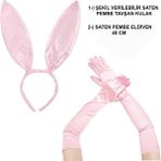 Saten Kaplama Soft Pembe Eldiven ve Tavşan Kulak 2 li Set