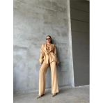 Saten Kimono - Crop Bluz - Pantolon Takım - Bej