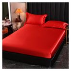 Saten Nevresim Takımı Elastik Kemerli Buz İpek Lastikli Çarşaf Yatak Örtüsü Çift Kişilik (Jiu Hong se 135x190x25cm)