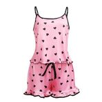 Satohom Kadın saten pijama, iki parçalı kısa pijama seti, kalp baskılı, seksi ipek, kolsuz, karnı açık, gecelik, gecelik, yazlık gömlek, pijama, ev kıyafeti, salon kıyafeti, Pembe., L