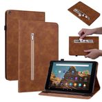 SATURCASE Amazon Fire HD 10 2017 ve 2019 (7. ve 9. Nesil) için Kılıf, Çok İşlevli PU Deri Kapaklı Cüzdan Standı Kart Yuvaları Elastik Bant Fermuarlı Cep Kalem Tutucu Koruyucu Kapak (Kahverengi)