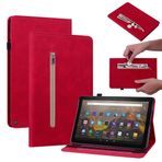 SATURCASE Amazon Fire HD 10 / HD 10 Plus 2021 (11. Nesil) için Kılıf, Çok İşlevli PU Deri Kapaklı Cüzdan Standı Kart Yuvaları Elastik Bant Fermuarlı Cep Kalem Tutucu Koruyucu Kapak (Kırmızı)