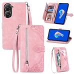 SATURCASE Asus Zenfone 9 için Kılıf, Asus Zenfone 9 için Çiçek Kabartmalı PU Deri Kapaklı Mıknatıs Cüzdan Fermuarlı Cep Standı Kart Yuvaları Kordon Koruyucu Kılıf (Pembe)