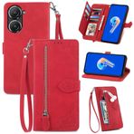 SATURCASE Asus Zenfone 9 için Kılıf, Çiçek Kabartmalı PU Deri Kapaklı Mıknatıs Cüzdan Fermuarlı Cep Standı Kart Yuvaları Asus Zenfone 9 için Kordon Koruyucu Kılıf (Kırmızı)
