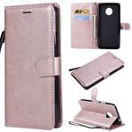SATURCASE Motorola Moto E4 Plus için Kılıf, Klasik PU Deri Kapaklı Mıknatıs Cüzdan Stand Kart Yuvaları Motorola Moto E4 Plus (XD-Gül Altın) için El Kayışlı Koruyucu Kılıf