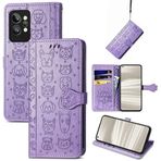 SATURCASE Realme GT2 Pro için Kılıf, Kedi Köpek Desenli PU Deri Kapaklı Mıknatıs Cüzdan Stand Kart Yuvaları El Kayışı Koruyucu Kılıf Realme GT2 Pro ile Uyumlu (CD-Mor)