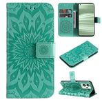 SATURCASE Realme GT2 Pro için Kılıf, Realme GT2 Pro için Güneş Çiçeği Kabartmalı PU Deri Kapaklı Mıknatıs Cüzdan Stant Kart Yuvaları Koruyucu Kılıf (Yeşil)