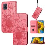 SATURCASE Samsung Galaxy A71 5G için Kılıf, Ayçiçeği Kabartmalı PU Deri Kapaklı Mıknatıs Cüzdan Stant Kart Yuvaları El Kayışı Koruyucu Kılıf Samsung Galaxy A71 5G için (HE-Pembe)