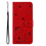SATURCASE Samsung Galaxy J7 Prime için Kılıf, Kedi Arısı Kabartma PU Deri Kapaklı Mıknatıs Cüzdan Stant Kart Yuvaları Samsung Galaxy J7 Prime için El Askılı Koruyucu Kılıf (Kırmızı)