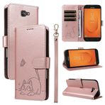 SATURCASE Samsung Galaxy J7 Prime için Kılıf, Sevimli Kedi PU Deri Kapaklı Çift Mıknatıslı Cüzdan Stant Kart Yuvaları Samsung Galaxy J7 Prime için El Kayışı Koruyucu Kılıf (ZC-Gül Altın)