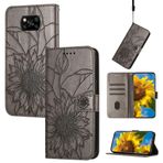 SATURCASE Xiaomi Poco X3 NFC için Kılıf, Ayçiçeği Kabartma PU Deri Kapaklı Mıknatıs Cüzdan Stant Kart Yuvaları El Kayışı Koruyucu Kılıf Xiaomi Poco X3 NFC için (HE-Gri)