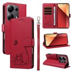 SATURCASE Xiaomi Redmi Note 13 Pro 4G / Poco M6 Pro 4G için Kılıf, Sevimli Kedi PU Deri Kapaklı Çift Mıknatıslı Cüzdan Standı Kart Yuvaları El Kayışı Koruyucu Kapak (ZC-Kırmızı)