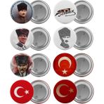 Satürn Atatürk ve Türk Bayrağı Çanta Rozeti Seti 8 Adet En Büyük Boy 5.8cm Iğneli Broş