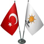 Satürn Design Masa Üstü Ak Parti Bayrağı Türk Bayrağı Ikili Krom Direk Masa Bayrak Seti
