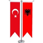 Satürn Design Masa Üstü Kırlangıç Arnavutluk Bayrağı Türk Bayrağı + Krom T Direk Masa Bayrak Seti - --
