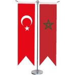 Satürn Design Masa Üstü Kırlangıç Fas Bayrağı Türk Bayrağı + Krom T Direk Masa Bayrak Seti - --